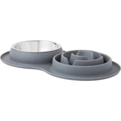 Frisco 32 Frisco Silicone Stainless Steel Double Diner Slow Feeder Dog & Cat Bowl, Grey, 3 Cup