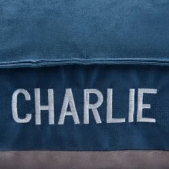 Frisco Personalized Navy Bolstered Bed With Navy Check Bolster -Frisco 311766 PT4. AC SS1800 V1630593985