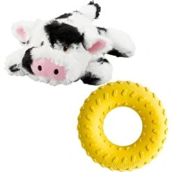 Frisco Cow Plush Squeaky Dog Toy & Playology Scented Dual Layer Ring Dog Toy